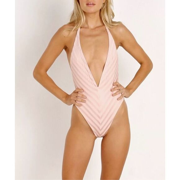 NWT VITAMIN A DEMI BALLET STRIPE BODYSUIT ONE-PIECE SWIMSUIT size L Pink - Picture 1 of 9